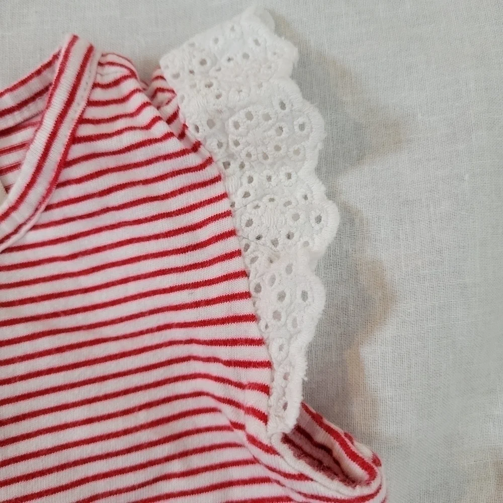 OshKosh red & white striped eyelet lace flutter sleeve onesie 9m